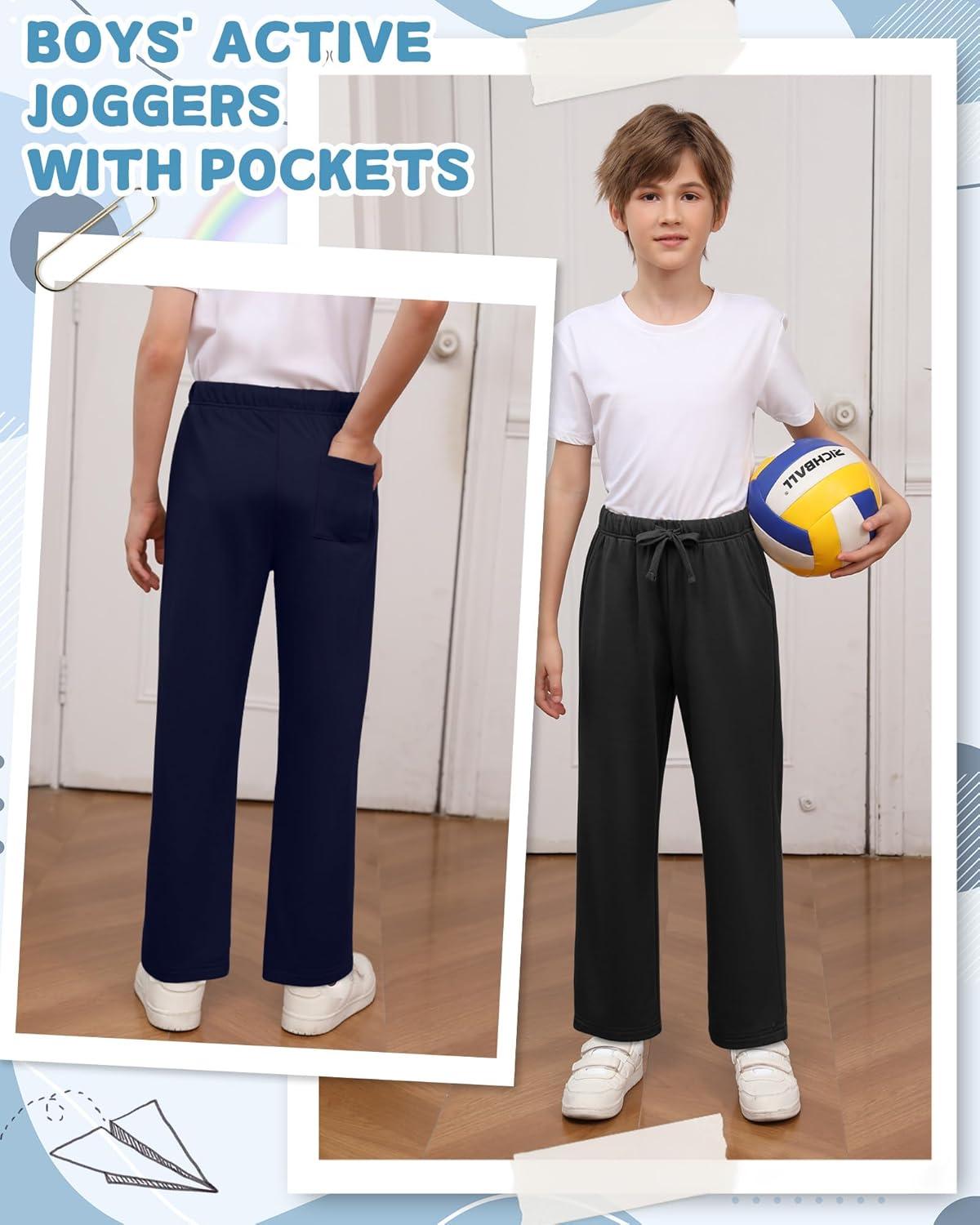 image3 Pack Boys Sweatpants Straight Leg Athletic Open Bottom Joggers Workout Elastic Drawstring Kid Pants with PocketsBlack Navy Blue Gray