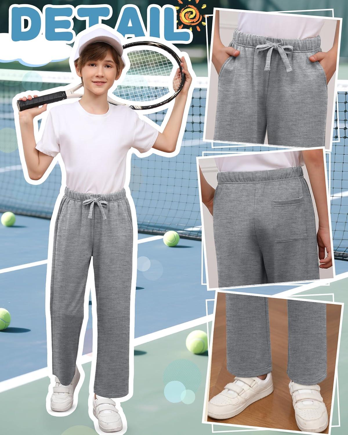 image3 Pack Boys Sweatpants Straight Leg Athletic Open Bottom Joggers Workout Elastic Drawstring Kid Pants with PocketsBlack Navy Blue Gray