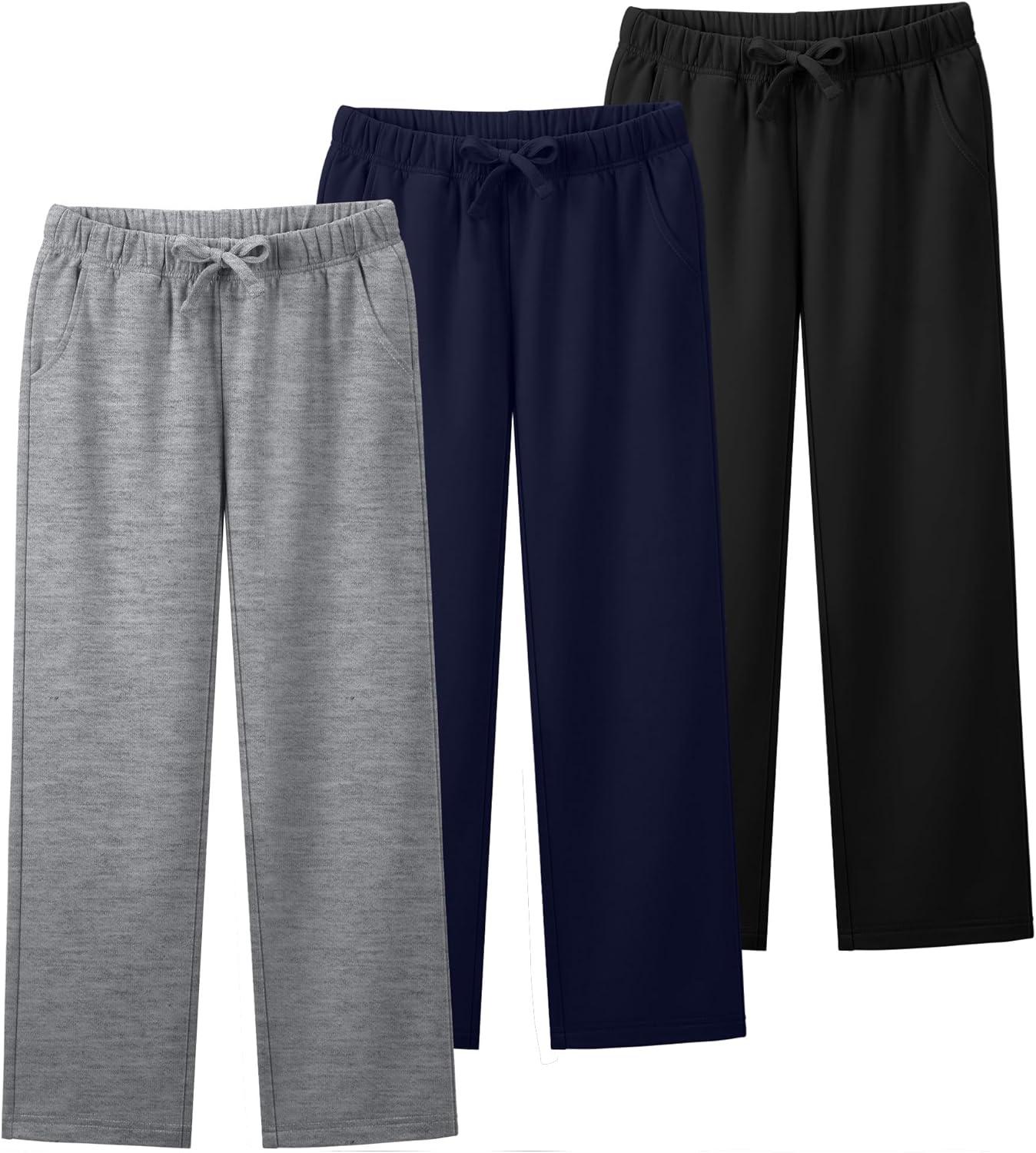 image3 Pack Boys Sweatpants Straight Leg Athletic Open Bottom Joggers Workout Elastic Drawstring Kid Pants with PocketsBlack Navy Blue Gray