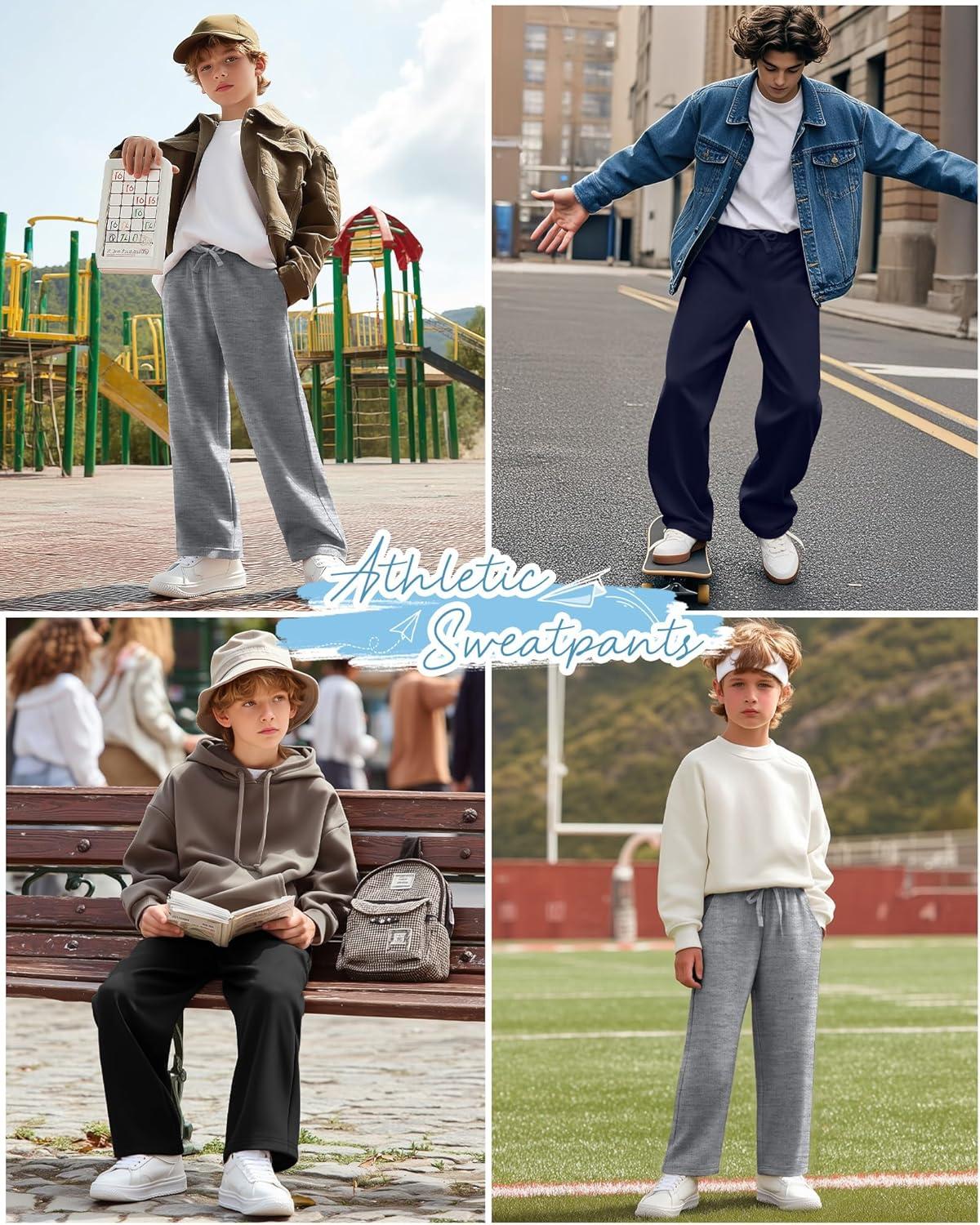 image3 Pack Boys Sweatpants Straight Leg Athletic Open Bottom Joggers Workout Elastic Drawstring Kid Pants with PocketsBlack Navy Blue Gray