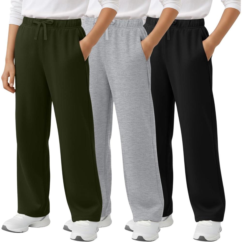 image3 Pack Boys Sweatpants Straight Leg Athletic Open Bottom Joggers Workout Elastic Drawstring Kid Pants with PocketsBlack  Light Gray  Army Green