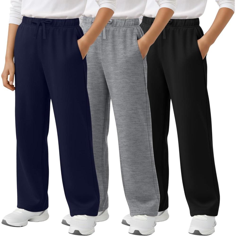 image3 Pack Boys Sweatpants Straight Leg Athletic Open Bottom Joggers Workout Elastic Drawstring Kid Pants with PocketsBlack  Navy Blue  Gray