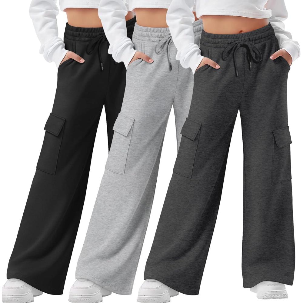 image3 Pack Girls Cargo Sweatpants Kids Wide Leg High Waist Drawstring Pants Casual Baggy Athletic Trousers Ages 514Dark Gray  Light Gray  Black