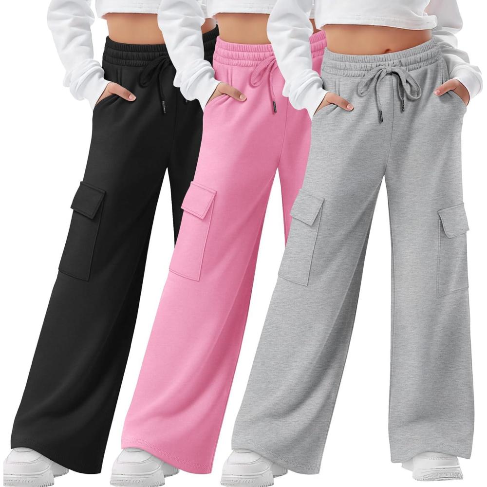 image3 Pack Girls Cargo Sweatpants Kids Wide Leg High Waist Drawstring Pants Casual Baggy Athletic Trousers Ages 514Light Gray  Pink  Black