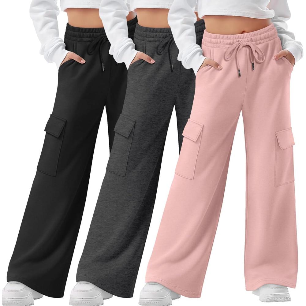 image3 Pack Girls Cargo Sweatpants Kids Wide Leg High Waist Drawstring Pants Casual Baggy Athletic Trousers Ages 514Light Pink  Dark Gray  Black