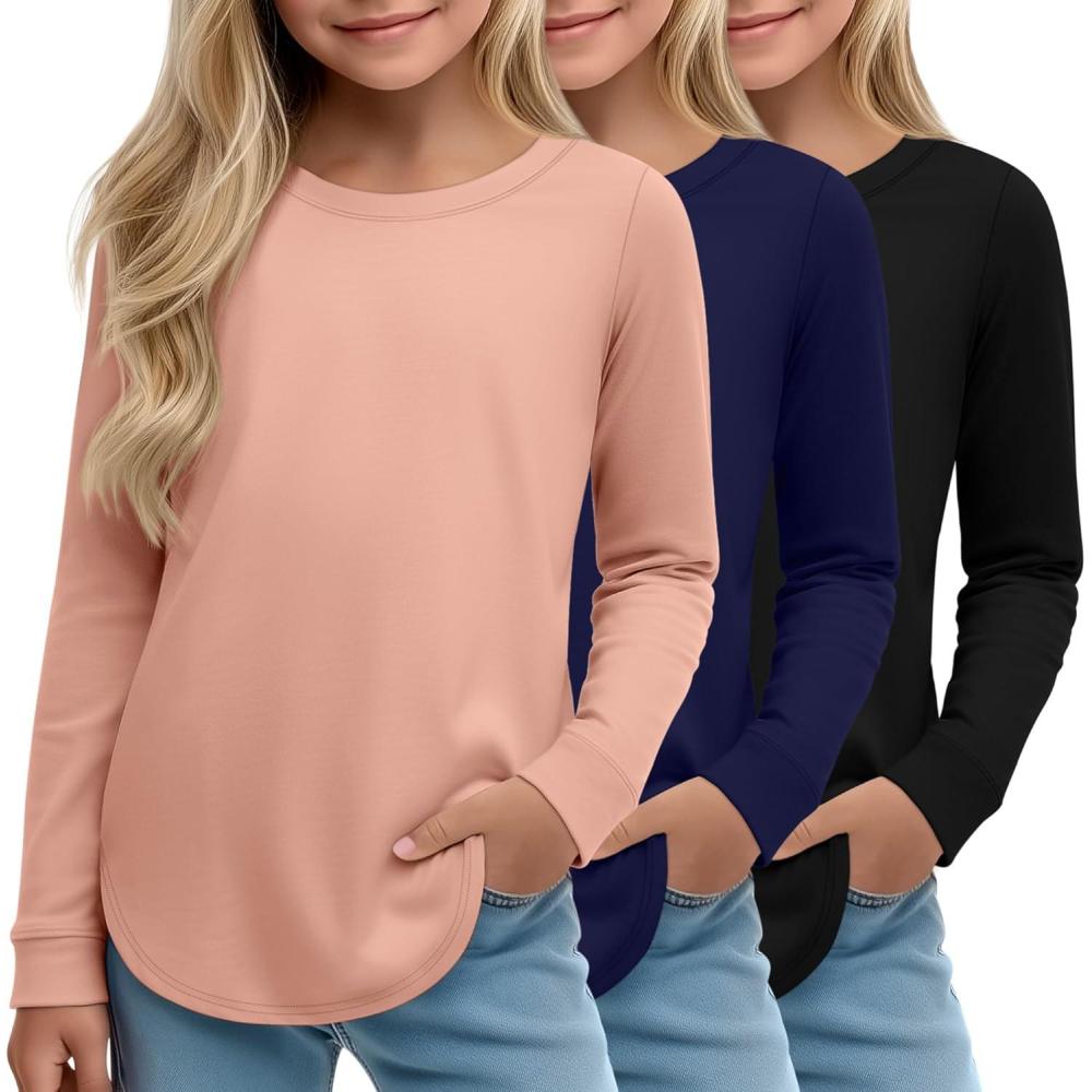 image3 Pack Girls Long Sleeve T Shirts Kids Crew Neck Casual Shirts Curve Hem Soft Tees Loose Fit Basic Tunic TopsBlack  Navy Blue  Orange