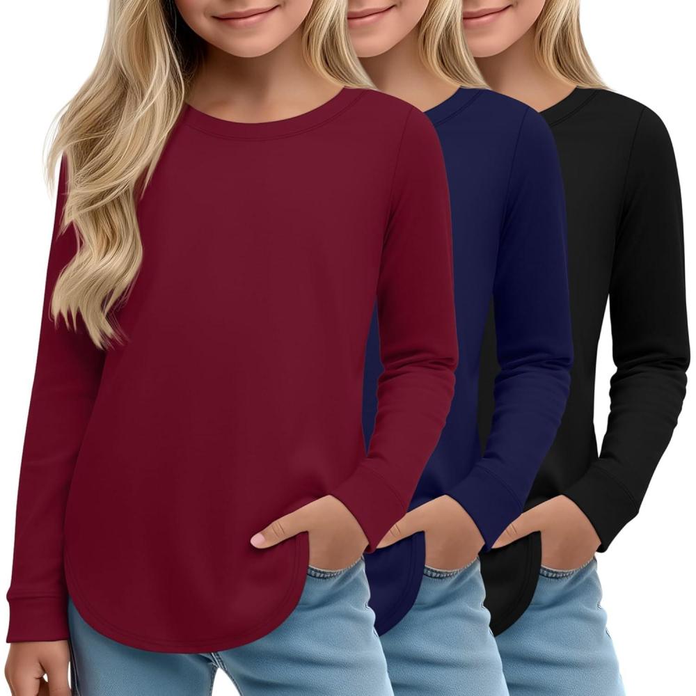 image3 Pack Girls Long Sleeve T Shirts Kids Crew Neck Casual Shirts Curve Hem Soft Tees Loose Fit Basic Tunic TopsBlack  Navy Blue  Wine Red