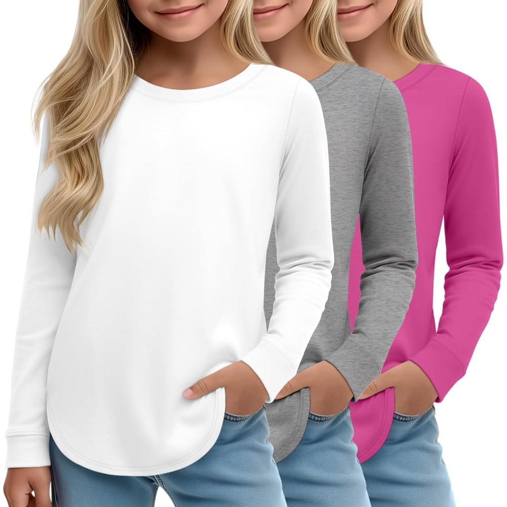 image3 Pack Girls Long Sleeve T Shirts Kids Crew Neck Casual Shirts Curve Hem Soft Tees Loose Fit Basic Tunic TopsRose Red  Light Gray  White