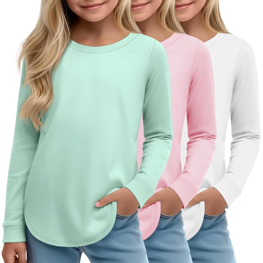 image3 Pack Girls Long Sleeve T Shirts Kids Crew Neck Casual Shirts Curve Hem Soft Tees Loose Fit Basic Tunic TopsWhite  Pink  Light Green
