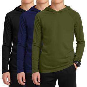 3 Pack Boys Hoodies Kids Long Sleeve Athletic Workout Cotton Blend Sweatshirts Casual Pullover Shirts(ages 6-18)(Army Green  Navy Blue  Black)