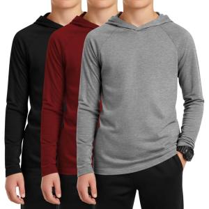 3 Pack Boys Hoodies Kids Long Sleeve Athletic Workout Cotton Blend Sweatshirts Casual Pullover Shirts(ages 6-18)(Light Gray  Wine Red  Black)