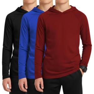 3 Pack Boys Hoodies Kids Long Sleeve Athletic Workout Cotton Blend Sweatshirts Casual Pullover Shirts(ages 6-18)(Wine Red  Blue  Black)