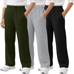 3 Pack Boys Sweatpants Straight Leg Athletic Open Bottom Joggers Workout Elastic Drawstring Kid Pants with Pockets(Black  Light Gray  Army Green)