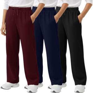 3 Pack Boys Sweatpants Straight Leg Athletic Open Bottom Joggers Workout Elastic Drawstring Kid Pants with Pockets(Black  Navy Blue  Wine Red)