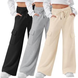 3 Pack Girls Cargo Sweatpants Kids Wide Leg High Waist Drawstring Pants Casual Baggy Athletic Trousers (Ages 5-14)(Apricot Beige  Light Gray  Black)