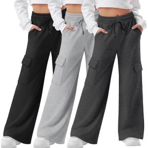 3 Pack Girls Cargo Sweatpants Kids Wide Leg High Waist Drawstring Pants Casual Baggy Athletic Trousers (Ages 5-14)(Dark Gray  Light Gray  Black)