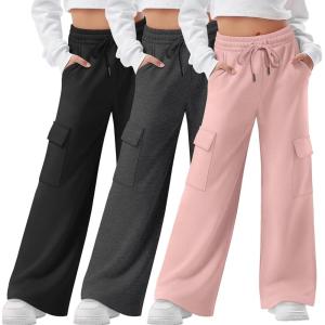 3 Pack Girls Cargo Sweatpants Kids Wide Leg High Waist Drawstring Pants Casual Baggy Athletic Trousers (Ages 5-14)(Light Pink  Dark Gray  Black)