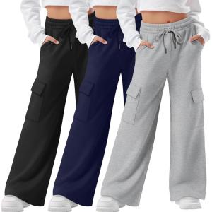 3 Pack Girls Cargo Sweatpants Kids Wide Leg High Waist Drawstring Pants Casual Baggy Athletic Trousers (Ages 5-14)(Navy Blue  Light Gray  Black)
