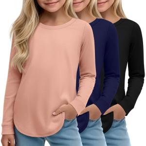 3 Pack Girls Long Sleeve T Shirts, Kids Crew Neck Casual Shirts Curve Hem Soft Tees Loose Fit Basic Tunic Tops(Black  Navy Blue  Orange)
