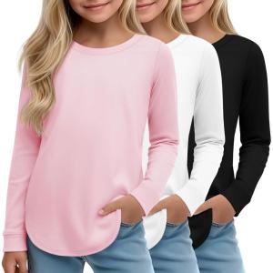 3 Pack Girls Long Sleeve T Shirts, Kids Crew Neck Casual Shirts Curve Hem Soft Tees Loose Fit Basic Tunic Tops(Black  White  Pink)