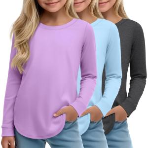 3 Pack Girls Long Sleeve T Shirts, Kids Crew Neck Casual Shirts Curve Hem Soft Tees Loose Fit Basic Tunic Tops(Dark Gray  Light Blue  Taro Purple)