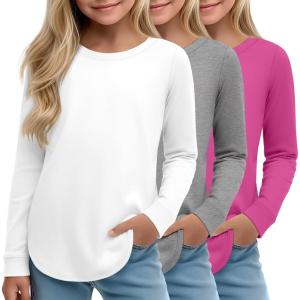 3 Pack Girls Long Sleeve T Shirts, Kids Crew Neck Casual Shirts Curve Hem Soft Tees Loose Fit Basic Tunic Tops(Rose Red  Light Gray  White)