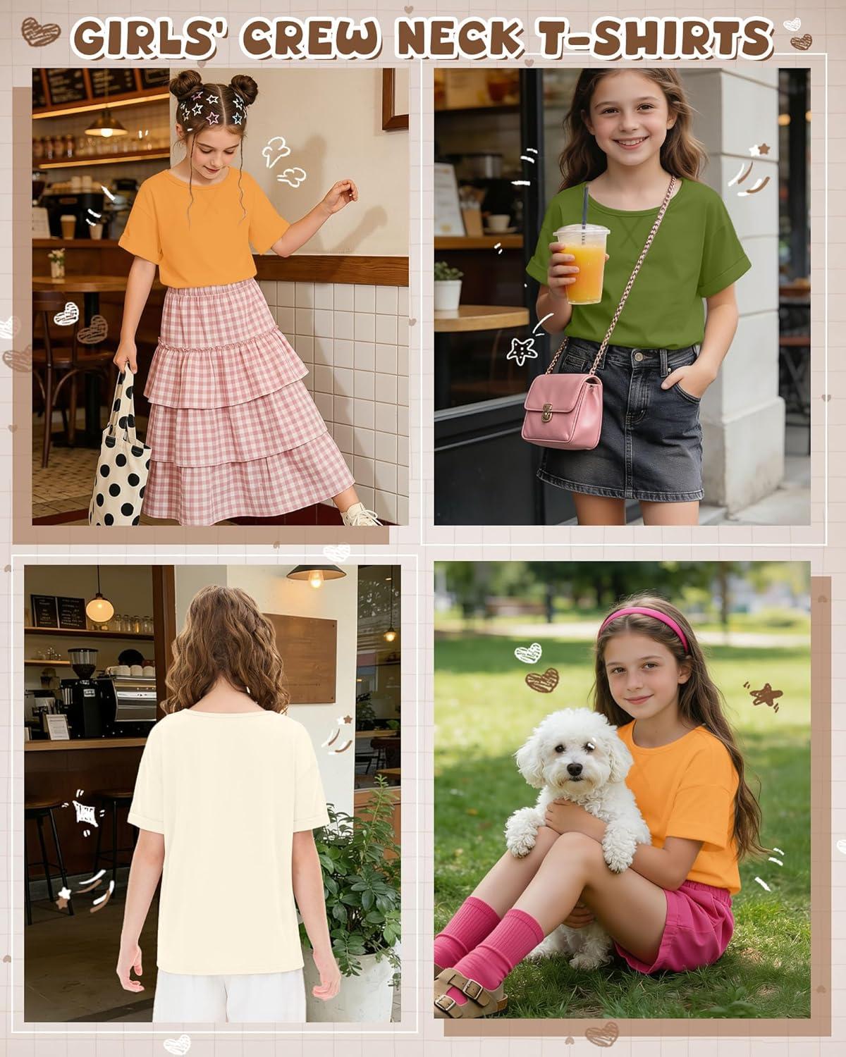 image:image3 Pack Girls Short Sleeve T Shirts Kids Loose Fit Crew Neck Tops Rolled Cuff Summer Basic Casual BlouseBright Orange Grass Green Cream