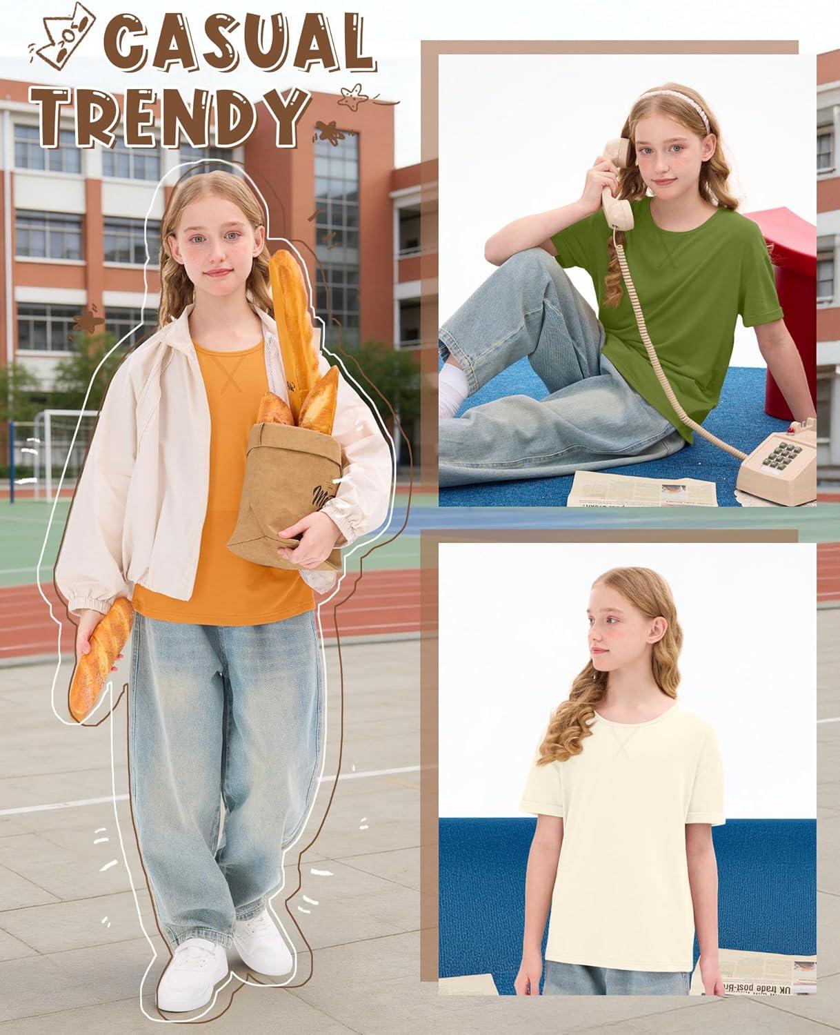 image:image3 Pack Girls Short Sleeve T Shirts Kids Loose Fit Crew Neck Tops Rolled Cuff Summer Basic Casual BlouseBright Orange Grass Green Cream