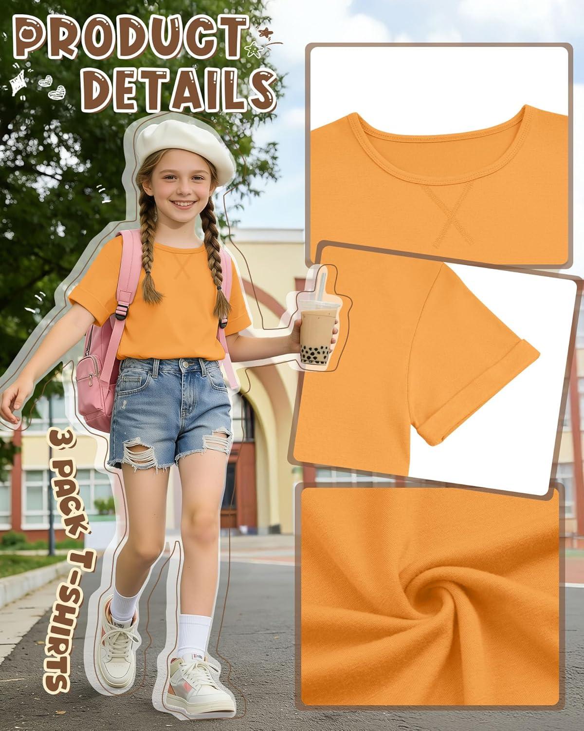 image:image3 Pack Girls Short Sleeve T Shirts Kids Loose Fit Crew Neck Tops Rolled Cuff Summer Basic Casual BlouseBright Orange Grass Green Cream