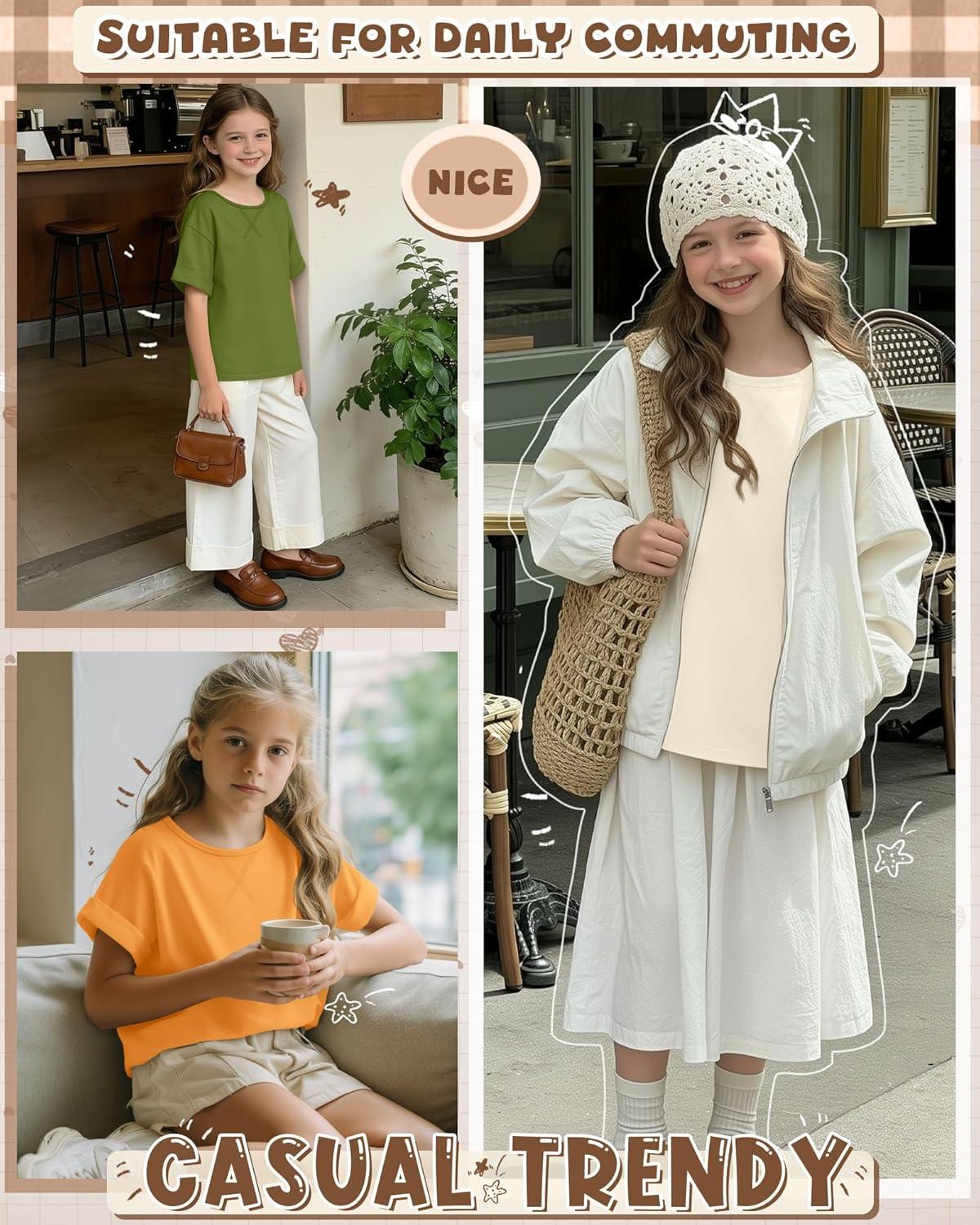 image:image3 Pack Girls Short Sleeve T Shirts Kids Loose Fit Crew Neck Tops Rolled Cuff Summer Basic Casual BlouseBright Orange Grass Green Cream