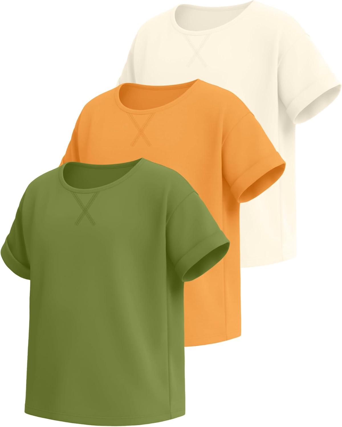 image:image3 Pack Girls Short Sleeve T Shirts Kids Loose Fit Crew Neck Tops Rolled Cuff Summer Basic Casual BlouseBright Orange Grass Green Cream