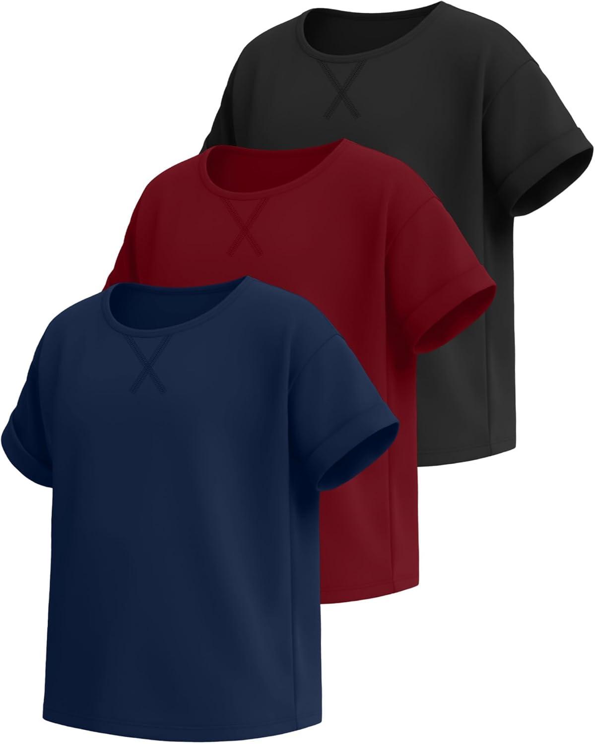 image:image3 Pack Girls Short Sleeve T Shirts Kids Loose Fit Crew Neck Tops Rolled Cuff Summer Basic Casual BlouseBurgundy Navy Blue Black