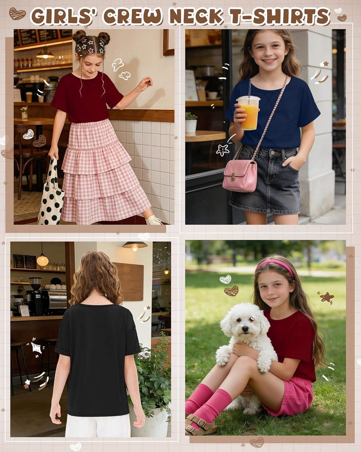 image:image3 Pack Girls Short Sleeve T Shirts Kids Loose Fit Crew Neck Tops Rolled Cuff Summer Basic Casual BlouseBurgundy Navy Blue Black
