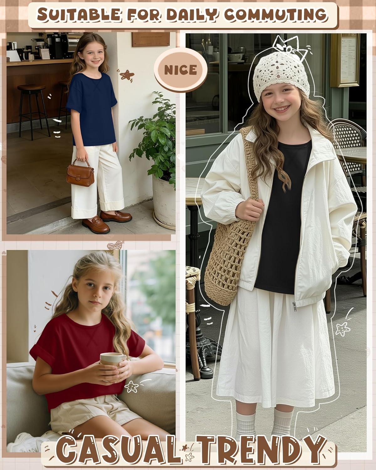 image:image3 Pack Girls Short Sleeve T Shirts Kids Loose Fit Crew Neck Tops Rolled Cuff Summer Basic Casual BlouseBurgundy Navy Blue Black