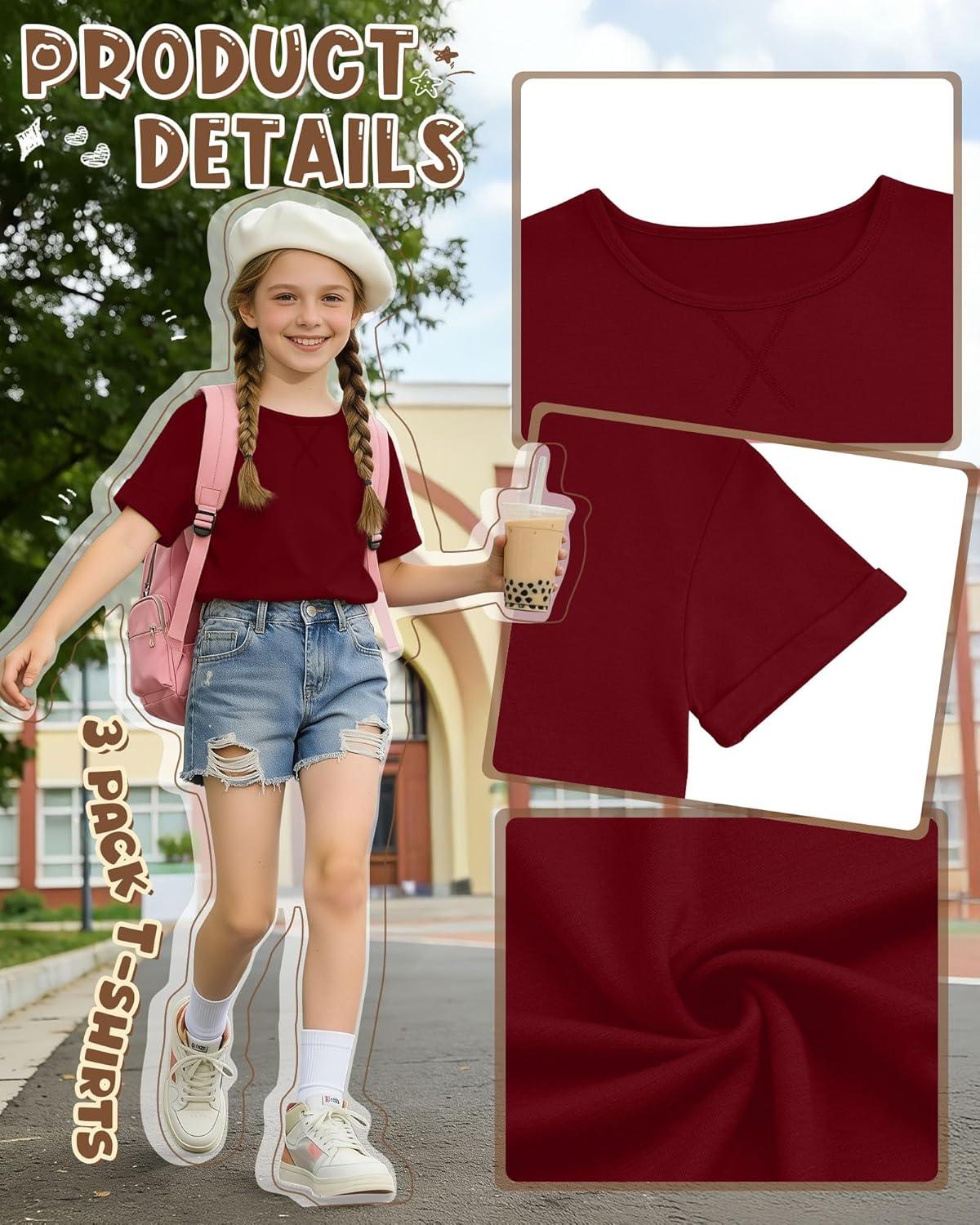 image:image3 Pack Girls Short Sleeve T Shirts Kids Loose Fit Crew Neck Tops Rolled Cuff Summer Basic Casual BlouseBurgundy Navy Blue Black