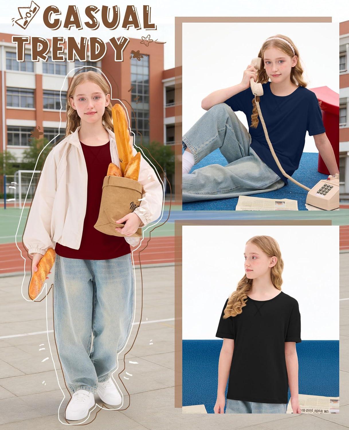 image:image3 Pack Girls Short Sleeve T Shirts Kids Loose Fit Crew Neck Tops Rolled Cuff Summer Basic Casual BlouseBurgundy Navy Blue Black