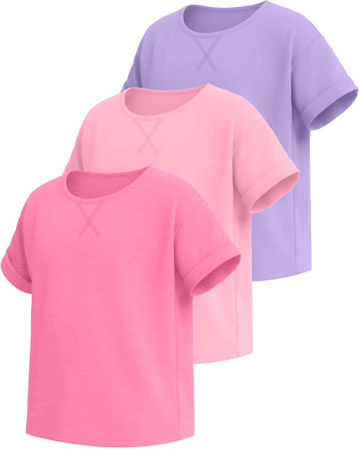 image:image3 Pack Girls Short Sleeve T Shirts Kids Loose Fit Crew Neck Tops Rolled Cuff Summer Basic Casual BlousePink Peach Pink Light Purple
