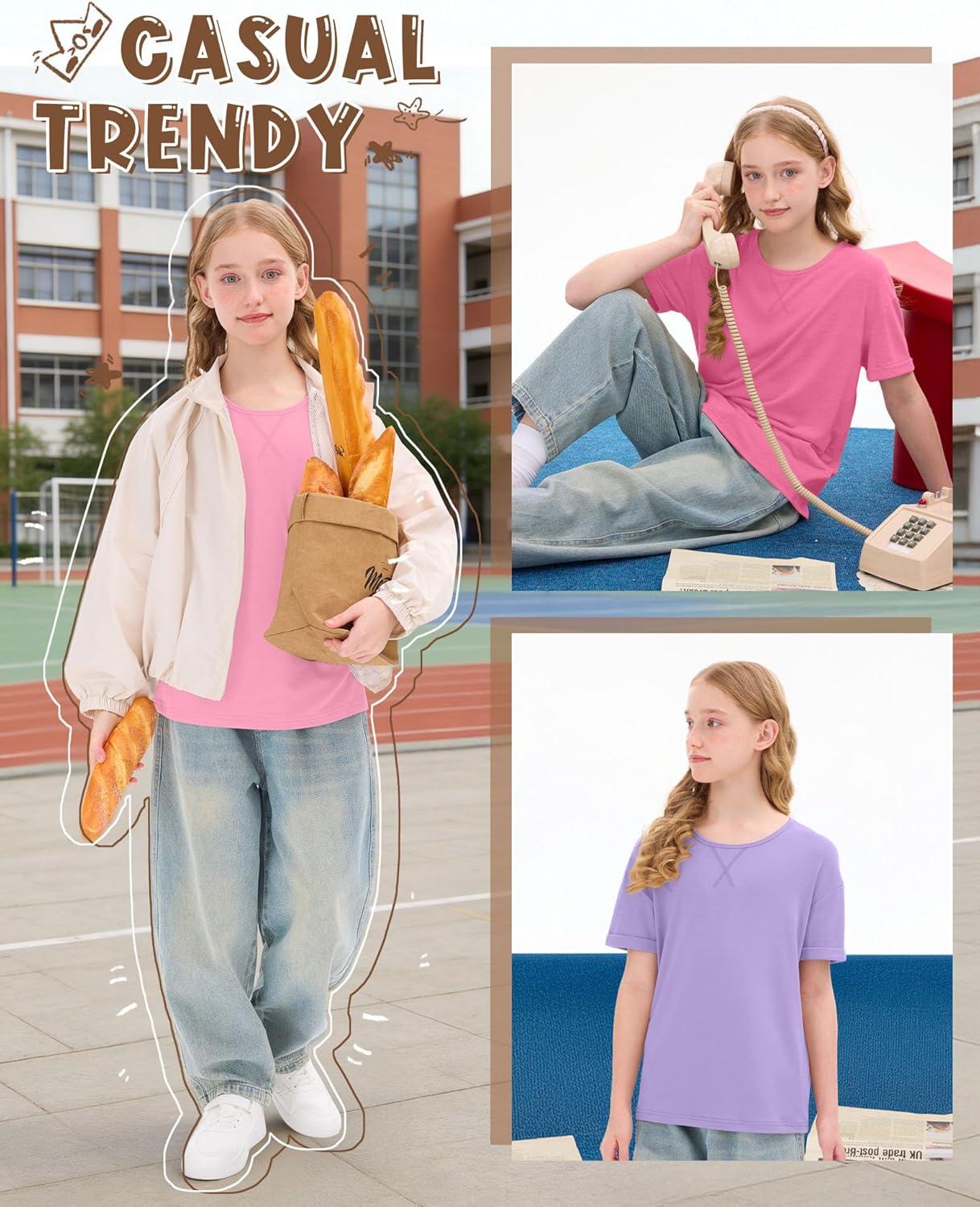 image:image3 Pack Girls Short Sleeve T Shirts Kids Loose Fit Crew Neck Tops Rolled Cuff Summer Basic Casual BlousePink Peach Pink Light Purple