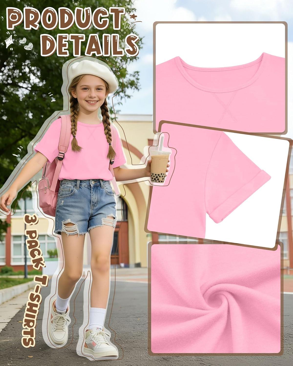 image:image3 Pack Girls Short Sleeve T Shirts Kids Loose Fit Crew Neck Tops Rolled Cuff Summer Basic Casual BlousePink Peach Pink Light Purple