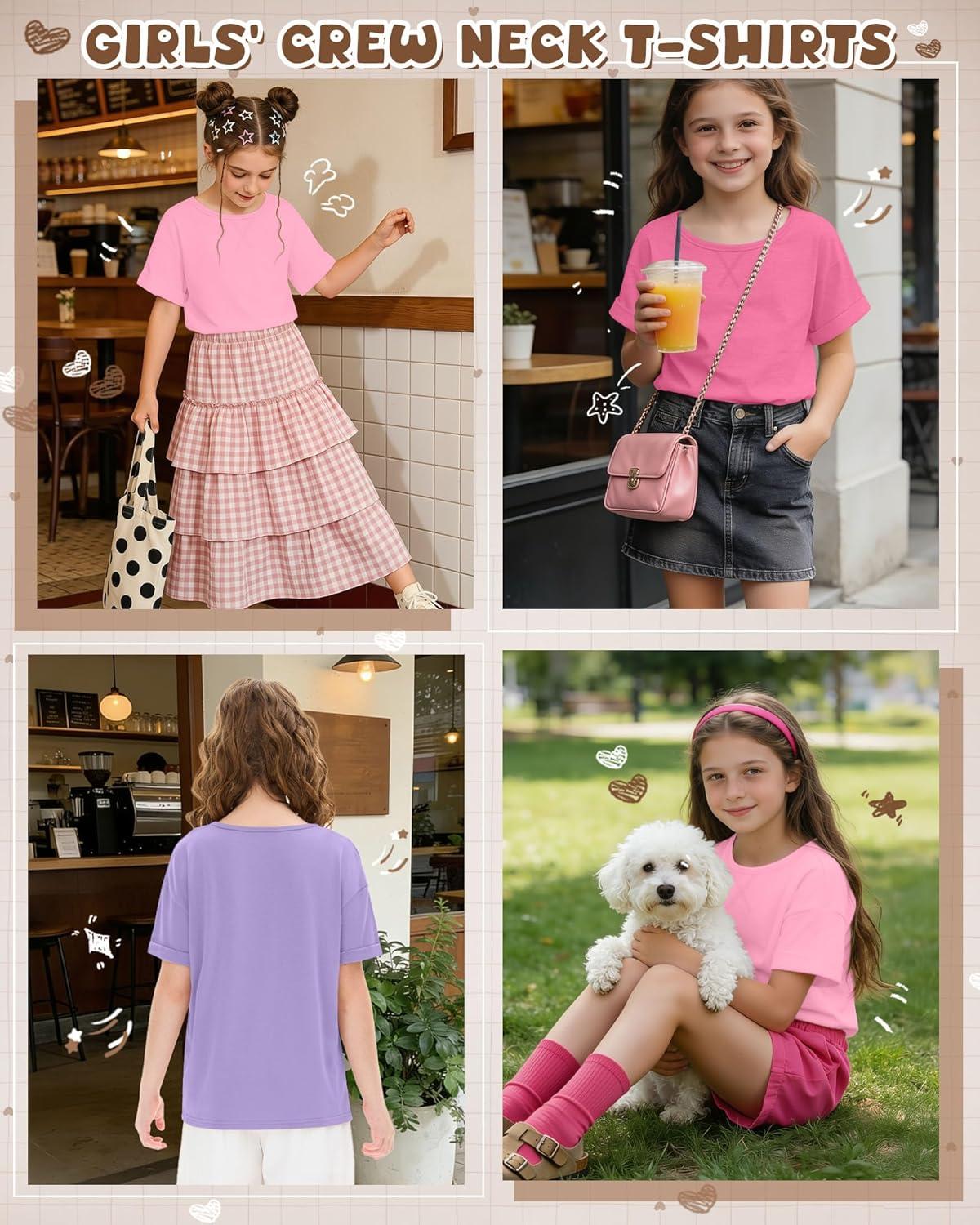 image:image3 Pack Girls Short Sleeve T Shirts Kids Loose Fit Crew Neck Tops Rolled Cuff Summer Basic Casual BlousePink Peach Pink Light Purple