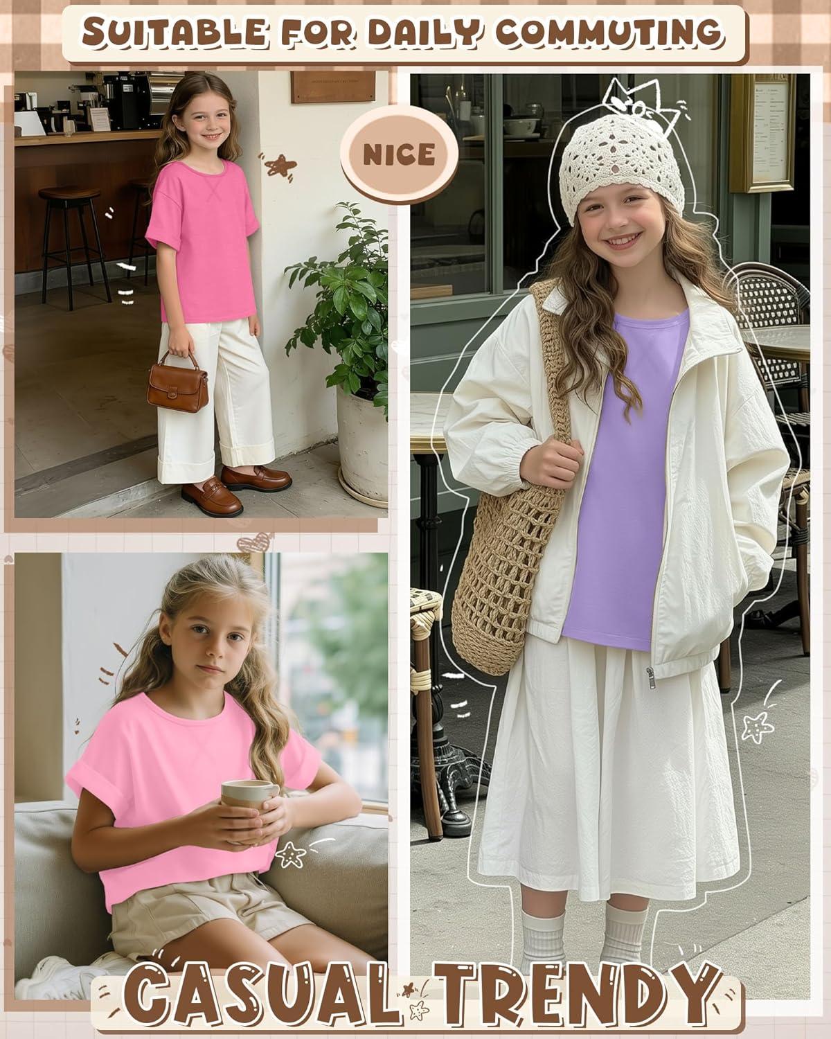 image:image3 Pack Girls Short Sleeve T Shirts Kids Loose Fit Crew Neck Tops Rolled Cuff Summer Basic Casual BlousePink Peach Pink Light Purple