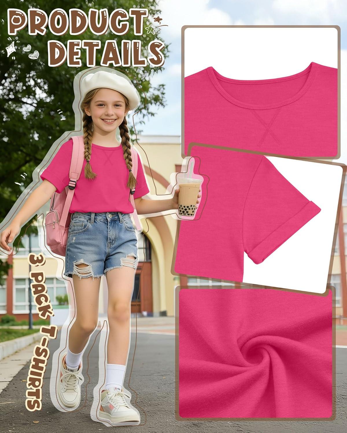 image:image3 Pack Girls Short Sleeve T Shirts Kids Loose Fit Crew Neck Tops Rolled Cuff Summer Basic Casual BlouseRose Pink Cream Black