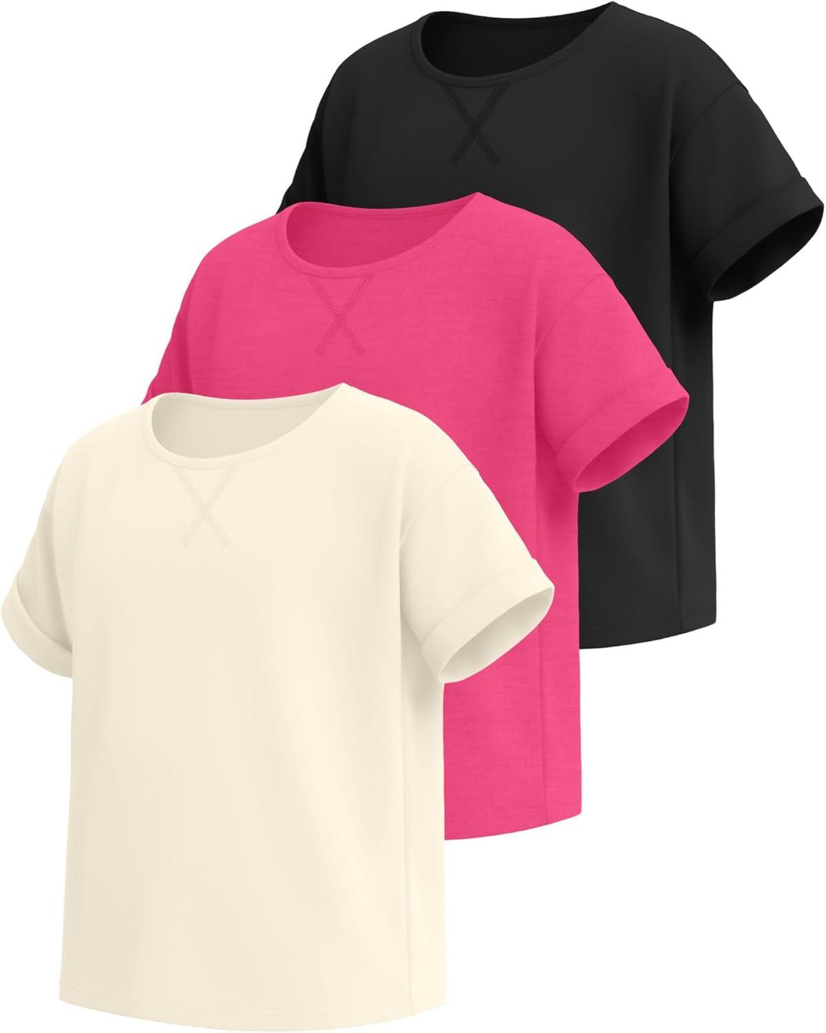 image:image3 Pack Girls Short Sleeve T Shirts Kids Loose Fit Crew Neck Tops Rolled Cuff Summer Basic Casual BlouseRose Pink Cream Black