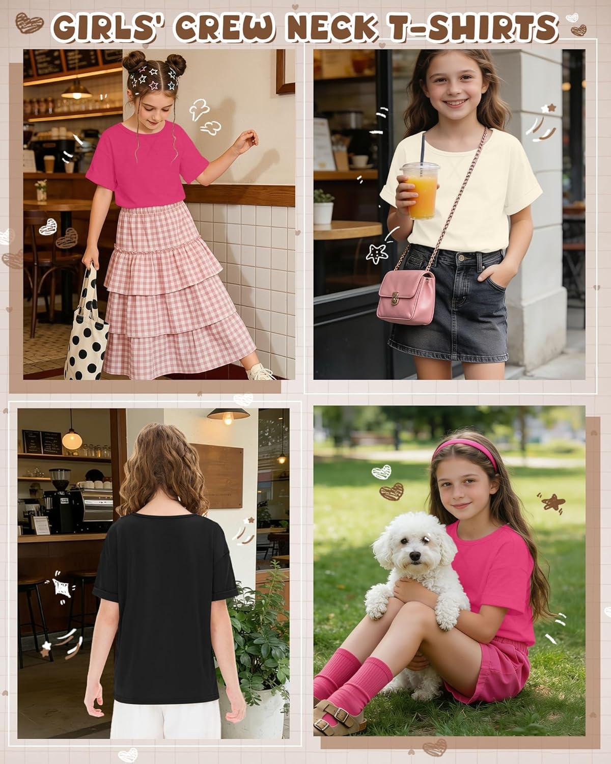 image:image3 Pack Girls Short Sleeve T Shirts Kids Loose Fit Crew Neck Tops Rolled Cuff Summer Basic Casual BlouseRose Pink Cream Black