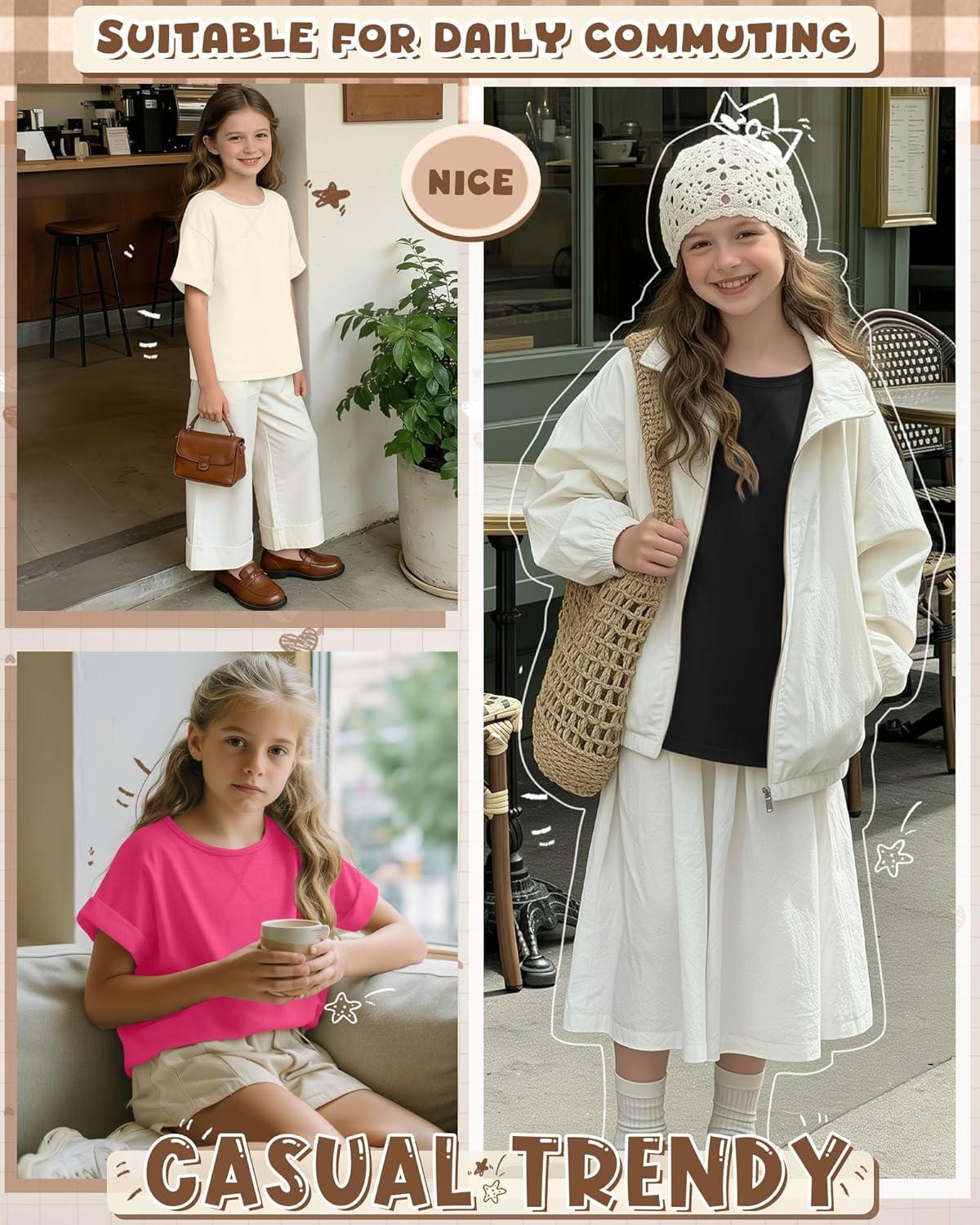 image:image3 Pack Girls Short Sleeve T Shirts Kids Loose Fit Crew Neck Tops Rolled Cuff Summer Basic Casual BlouseRose Pink Cream Black