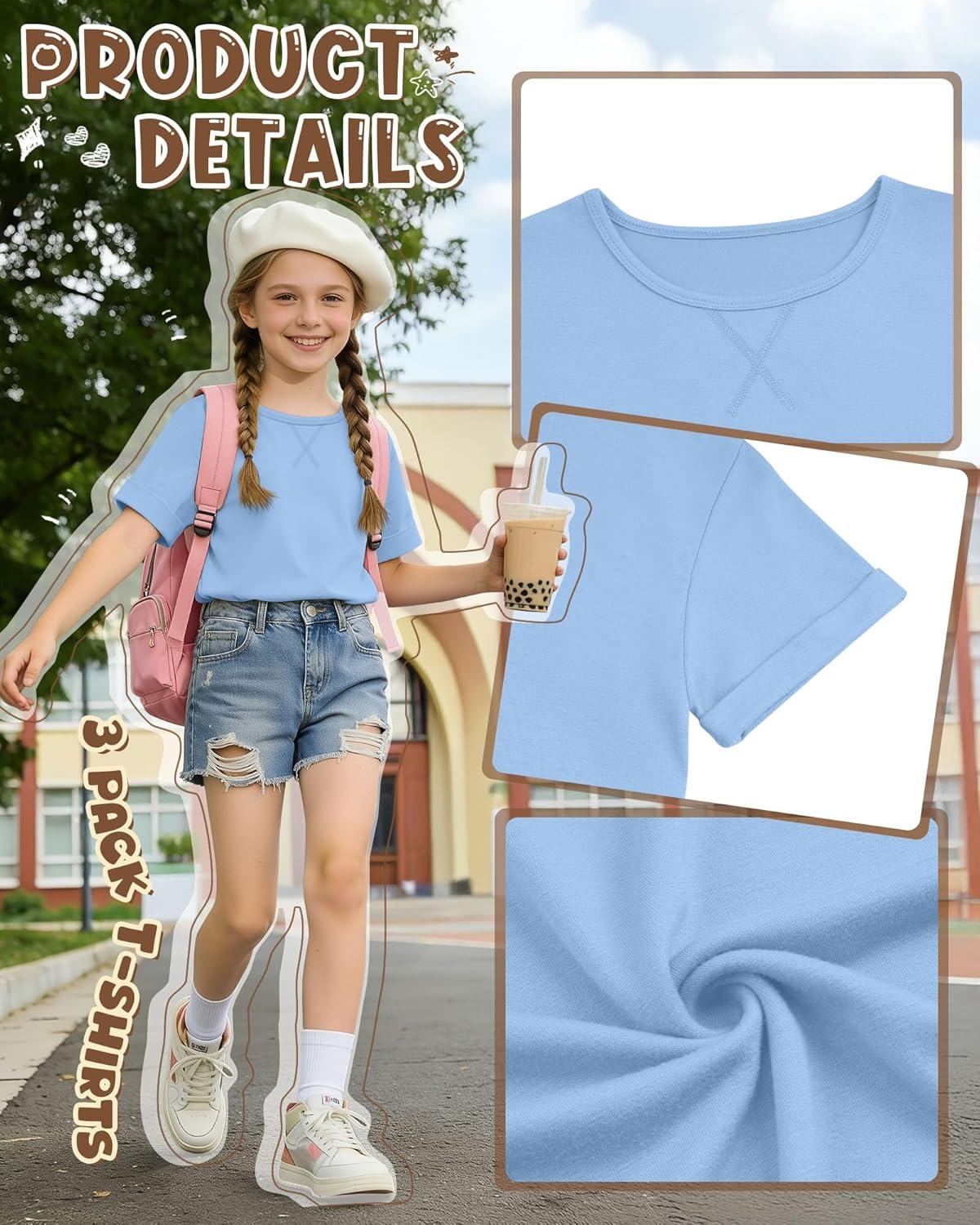 image:image3 Pack Girls Short Sleeve T Shirts Kids Loose Fit Crew Neck Tops Rolled Cuff Summer Basic Casual BlouseSky Blue Yellow Peach Pink
