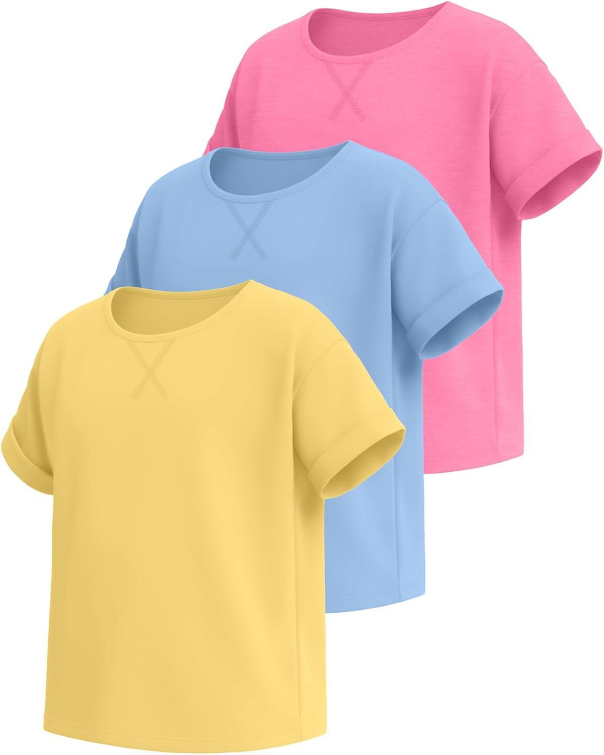 image:image3 Pack Girls Short Sleeve T Shirts Kids Loose Fit Crew Neck Tops Rolled Cuff Summer Basic Casual BlouseSky Blue Yellow Peach Pink