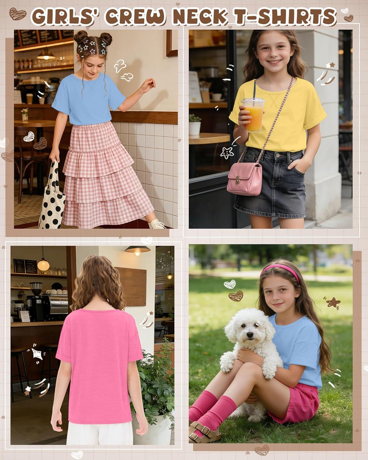 image:image3 Pack Girls Short Sleeve T Shirts Kids Loose Fit Crew Neck Tops Rolled Cuff Summer Basic Casual BlouseSky Blue Yellow Peach Pink