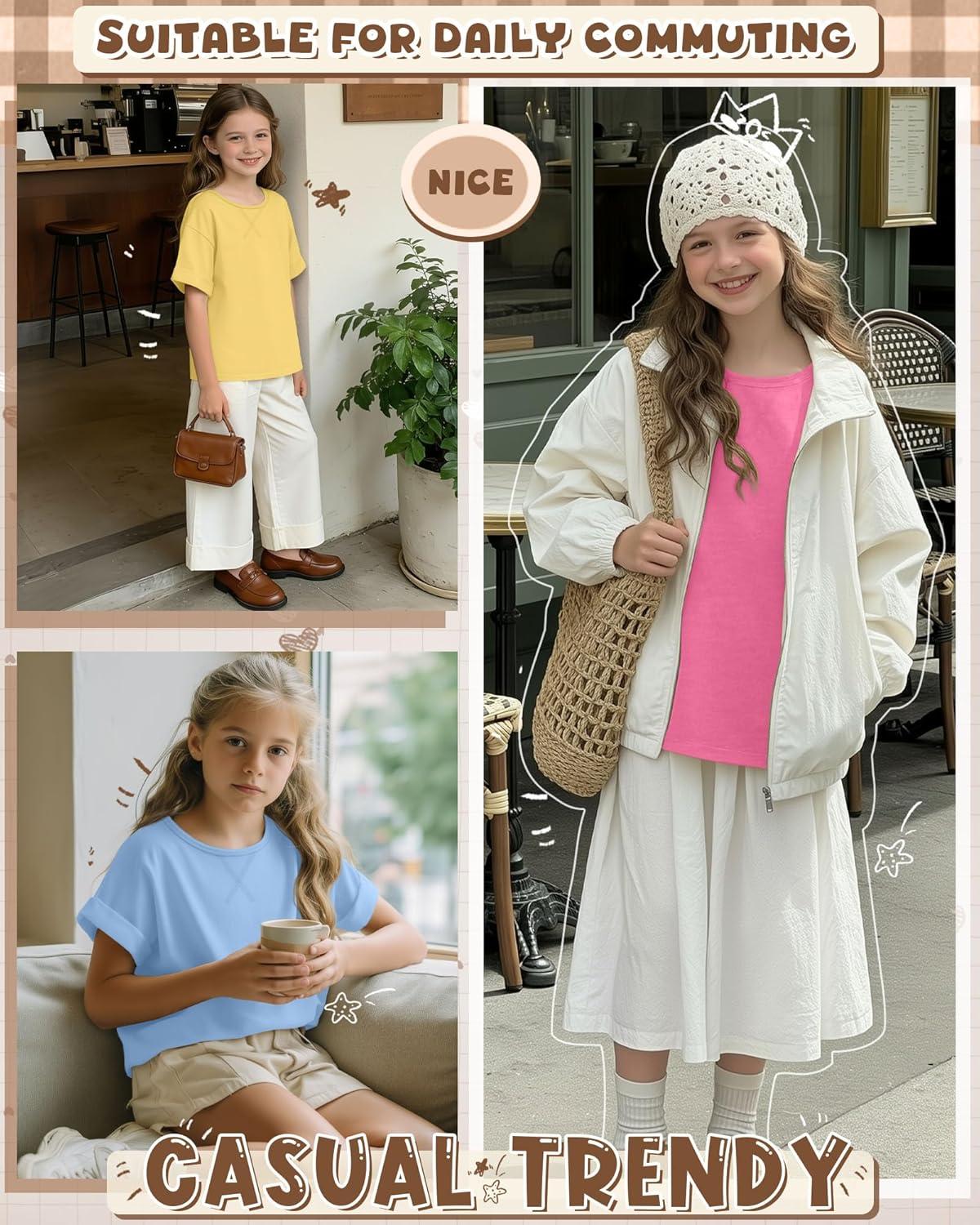 image:image3 Pack Girls Short Sleeve T Shirts Kids Loose Fit Crew Neck Tops Rolled Cuff Summer Basic Casual BlouseSky Blue Yellow Peach Pink