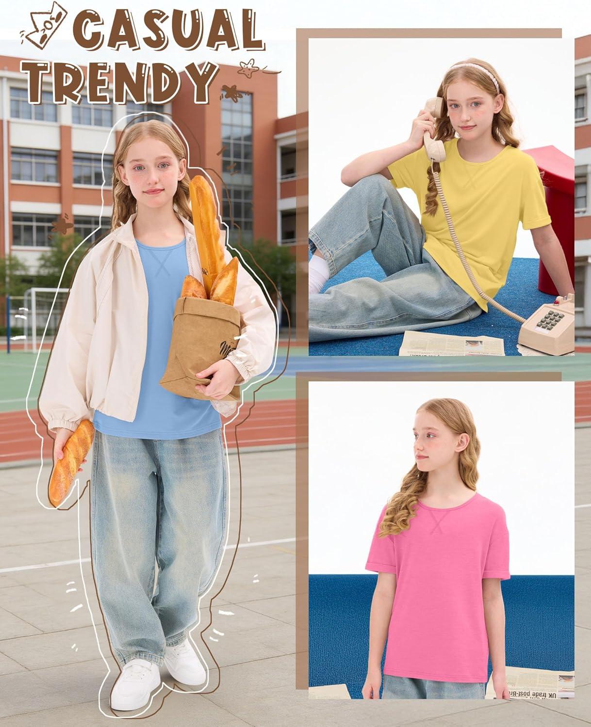image:image3 Pack Girls Short Sleeve T Shirts Kids Loose Fit Crew Neck Tops Rolled Cuff Summer Basic Casual BlouseSky Blue Yellow Peach Pink